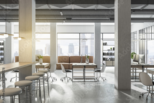 Luxury coworking office interior with bright city view and concrete flooring. Design and workplace style concept. 3D Rendering. © Who is Danny