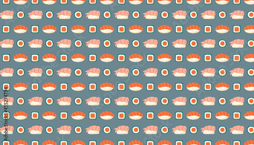 Sushi maki rolls with salmon fish, rice and nori seaweed. Asian food delivery. Pattern, texture, background, banner. Packaging design, wrapping paper.