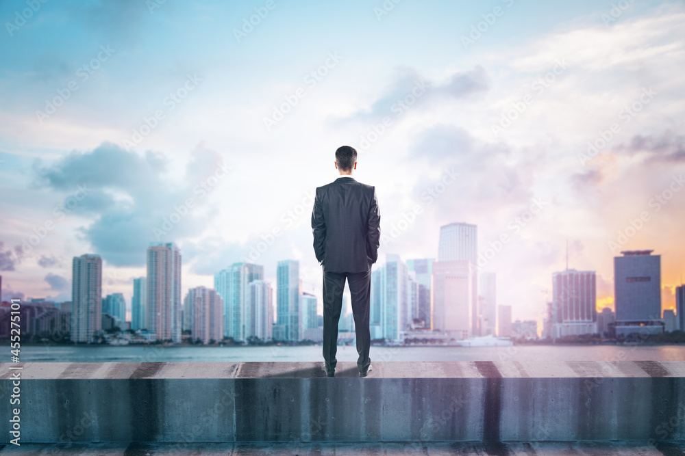 Back view of young male standing on concrete edge of building on city background with mock up place in sky. Success, future, vision and leadership concept. Back view of young male standing on concrete edge of building on city background with mock up place in sky. Success, future, vision and leadership concept.