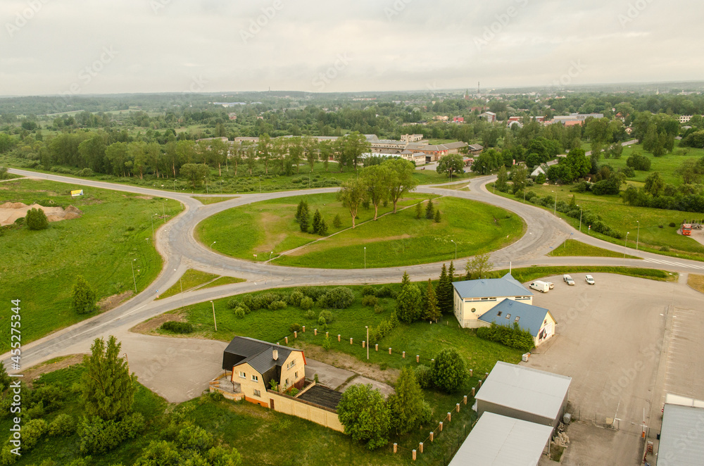 Aerial view of traffic roundabout in spring morning, Kuldiga, Latvia. Aerial view of traffic roundabout in spring morning, Kuldiga, Latvia.