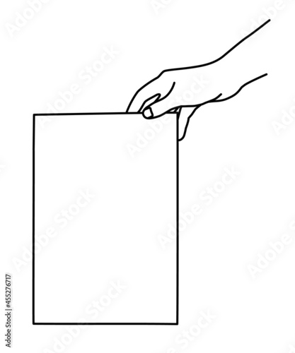 Hand holding A4 paper sheet hand drawn with thin line