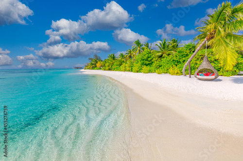 Idyllic tropical beach landscape for background or wallpaper. Design of tourism for summer vacation holiday destination concept. Amazing nature scenic, luxury traveling background, sunny blue sky