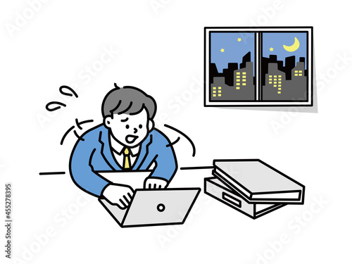 残業する男性のイラスト(仕事、ビジネス、資料作成、会議、疲れ、忙しい、イライラ、失敗、多忙) Illustrations of men working overtime . work, business, materials preparation, meetings, fatigue, busyness, irritation