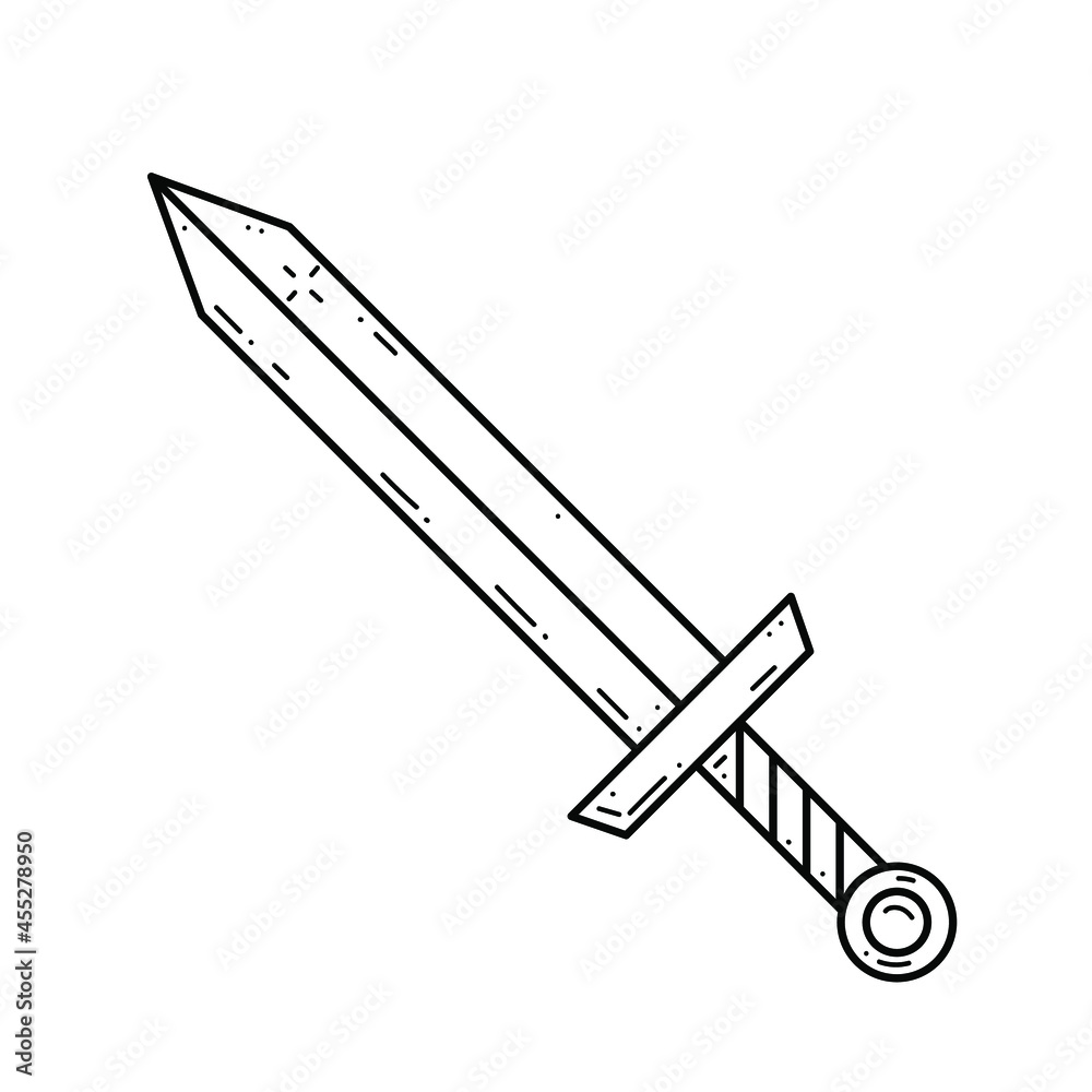 Abstract Black Simple Line Wooden Sword Blade Weapon Doodle Outline Element Vector Design Style Sketch Isolated On White Background Illustration For War
