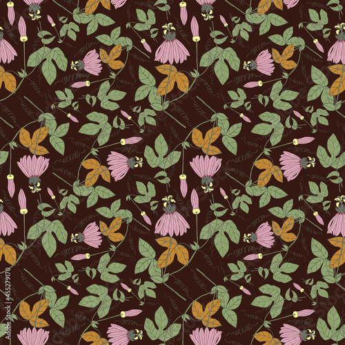 Seamless botanical dark pattern with pink flowers
