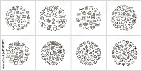 Line concepts. Eco food, gardening, insurance, seafood and energy. Restaurant, industry, medicine and healthcare vector icons