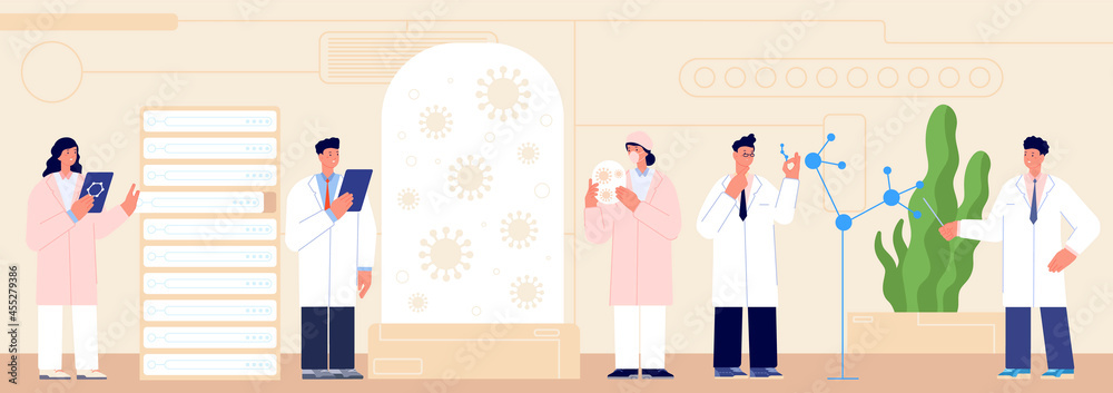 Scientists in laboratory. White coat on researchers, people work in chemical laboratory with bacterias. Medical drug development utter vector concept Scientists in laboratory. White coat on researchers, people work in chemical laboratory with bacterias. Medical drug development utter vector concept