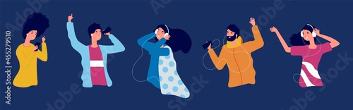 Listen music. Online radio podcast, musical sounds listening. People in white headphones dancing. Positive persons with smartphones vector characters
