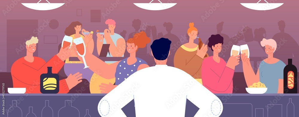 Friends drinking in bar. Young people fun, barmen look at crowd with wine and beer. Happy adult in pub cheers, drinks party utter vector concept