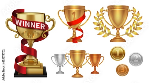 Winner collection. Trophy, realistic medals. Golden cup with red ribbon, isolated gold silver bronze medal. Anniversary, sport competition awards vector set