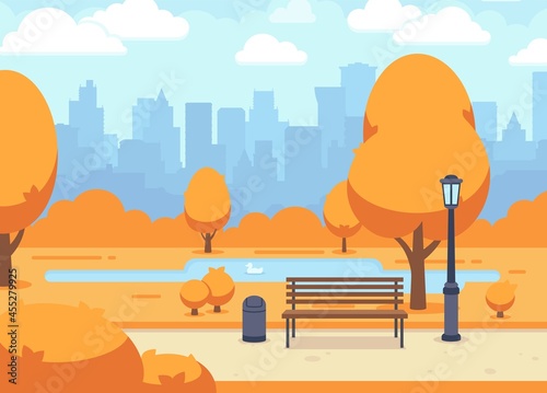 Autumn city park. Beautiful fall town road with wooden bench. Outdoor season landscape, blue cloudy sky, orange trees and lake. Urban vector panorama