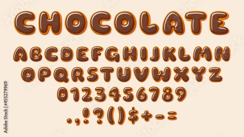 Chocolate ABC. Bakery letters, alphabet letter and number glazed choco. Decorative elements for baby, recipe, birthday cards, sale banners, vector design