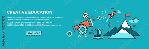 Creative school app banner. Web page header, landing page for online education. Line searching knowledge concept, distance tutorials courses training vector template