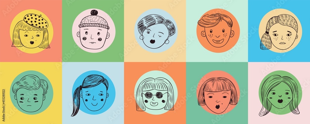People doodle face avatar. Drawn faces, human emotional woman man portraits. Modern vector banners