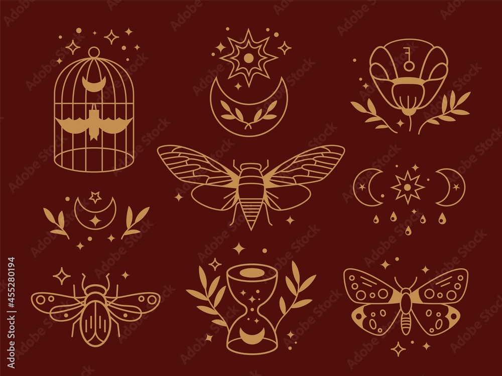 Fototapeta premium Magical outline collection. Tribal symbols, boho golden moon. Crystal and floral elements, mystical alchemy spiritual garish vector collection
