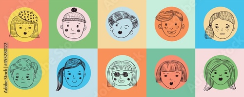 People doodle face avatar. Drawn faces, human emotional woman man portraits. Modern vector banners