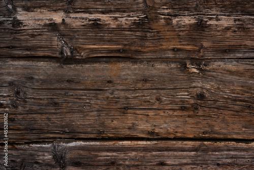Old weathered wood. Shabby wooden surface top view. Horizontal texture background with space for text.