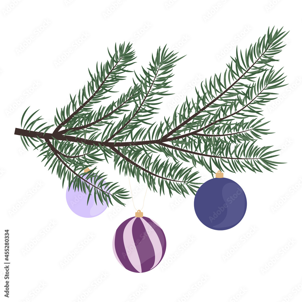 Vector illustration of a fir branch with Christmas decorations. Design for a postcard, banner, poster. Flat illustration in retro style. Vector illustration of a fir branch with Christmas decorations. Design for a postcard, banner, poster. Flat illustration in retro style.