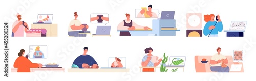 Online students. Home education, virtual school diverse professions. Web training stream, people study cook, knit, sing on video tutorial utter vector scenes