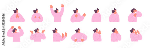 Different emotions woman. Emotion of young beautiful girl, expression face and body. Cartoon female mood avatars utter vector characters