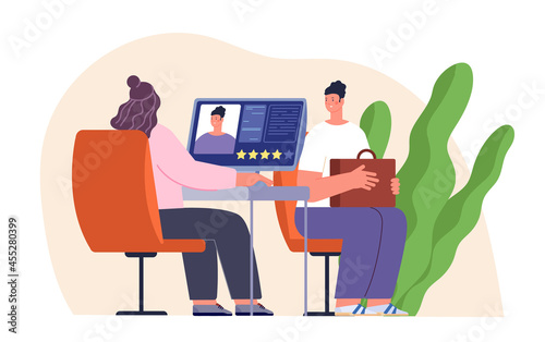 Recruitment interview. Business career, specialist communication with human resources manager. Female interviewing young man utter vector concept