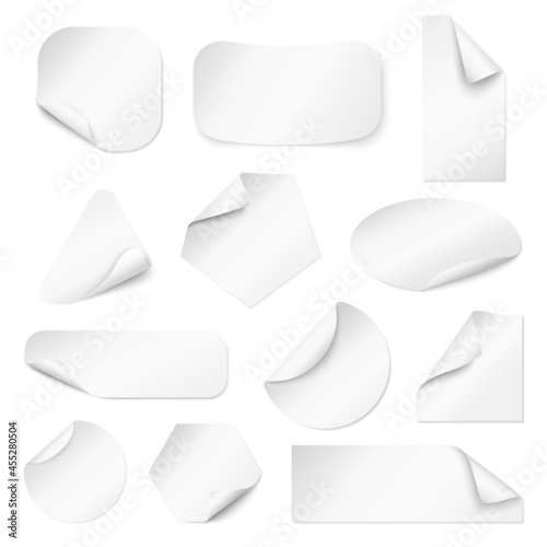 Curled corners stickers. Paper curved edge, store goods white tags. Curl labels mockup, round square, rectangle blank sticky sheets recent vector set