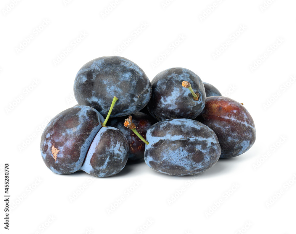 bunch of ripe blue plums isolated on white background bunch of ripe blue plums isolated on white background