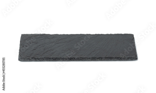 rectangular black slate stone board isolated on white background, utensils for serving food