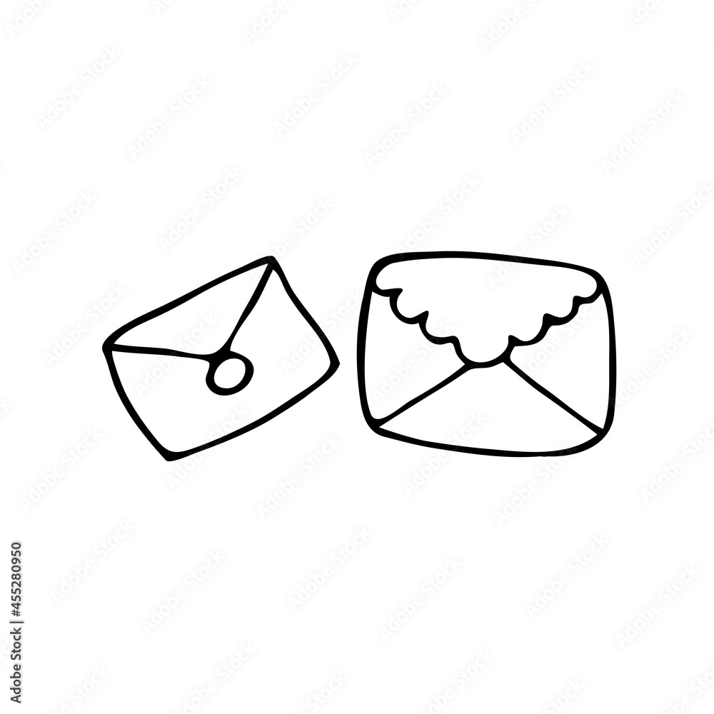 A collection of mail icons, closed envelopes, an email symbol. Hand-drawn doodles in cartoon style A collection of mail icons, closed envelopes, an email symbol. Hand-drawn doodles in cartoon style