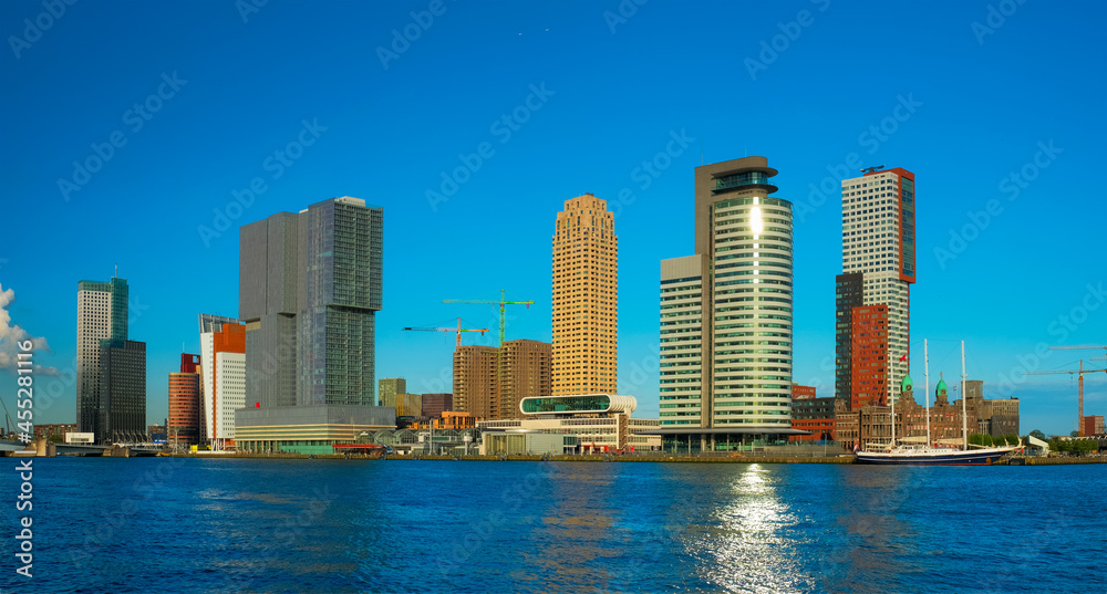 Fototapeta premium Rotterdam skyscrapers skyline view over of Nieuwe Maas river. Rotterdam