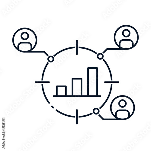 Concept for competitors and market analysis, consumers. Vector linear icon isolated on white background.