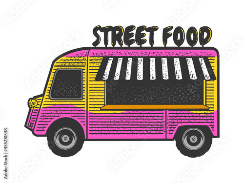 Street food truck line art color sketch engraving vector illustration. T-shirt apparel print design. Scratch board imitation. Black and white hand drawn image.