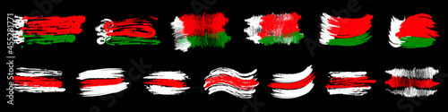 state flag of Belarus and opposition. White-red-white protest flag. Vector stock illustration on black background. Icon, sign, symbol. Set

