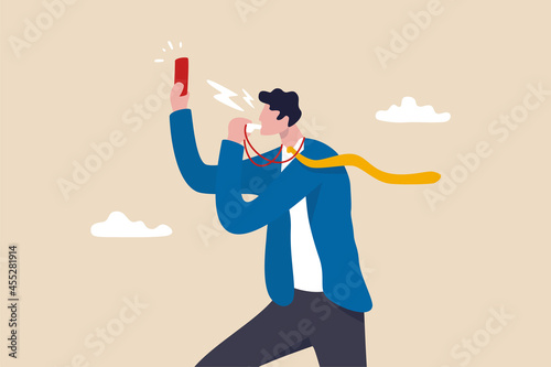 Business banned, violation or break the rule, penalty, judge or punishment cause of failure or problem concept, businessman blowing whistle showing red card to ban or stop wrong or corruption employee photo