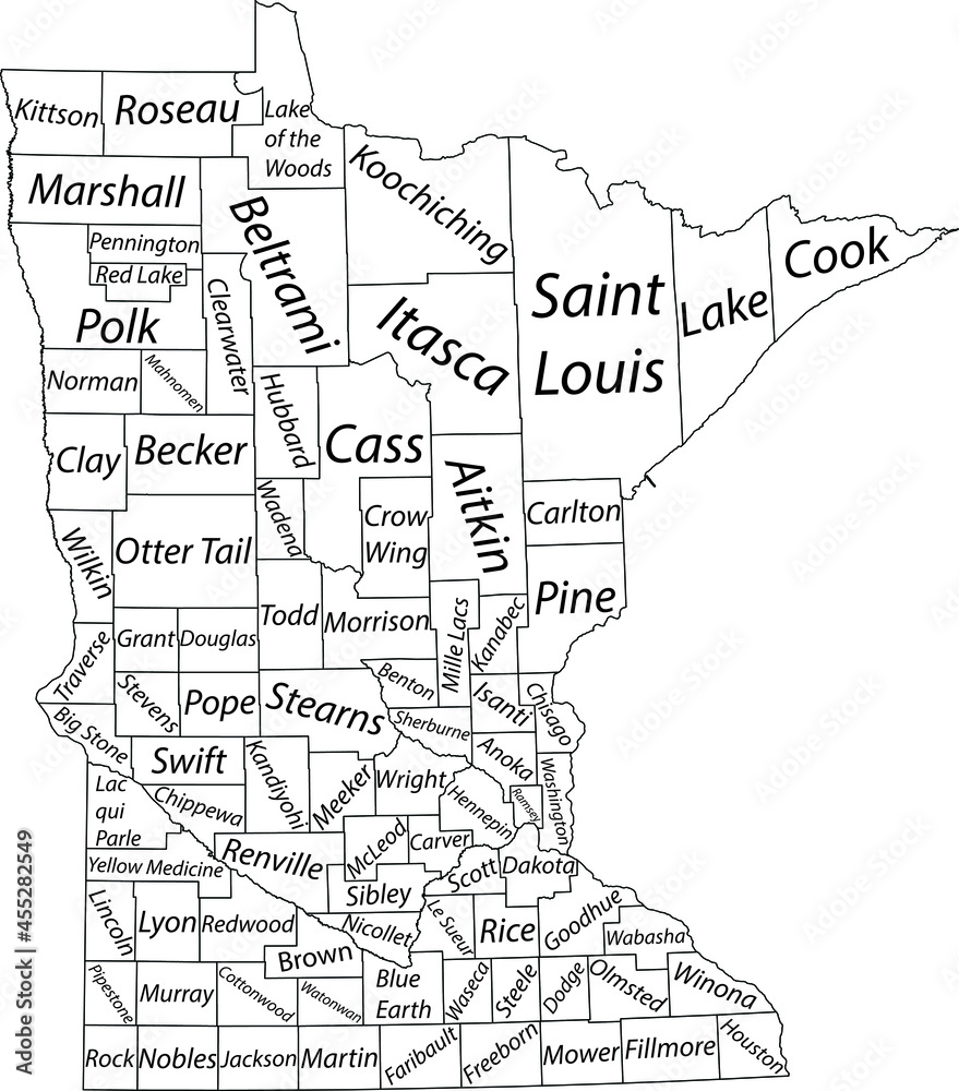 White vector map of the Federal State of Minnesota, USA with black borders and name tags of its counties