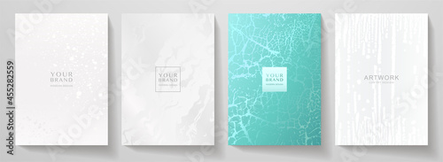 Contemporary cover design set. Art pattern with white splash paint, old cracked texture, smudge on black background. Artistic vector collection for notebook, flyer template, luxe grunge poster