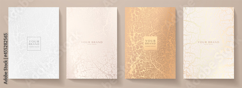 Modern cover design set. Premium vintage pattern with crack texture (grunge background). Luxury vector in pink, gold, white, colour for brochure template, restaurant menu