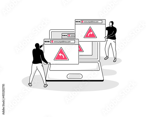 Illustration of pharming attack symbol with a laptop and two hackers with several browser windows. Easy to use for your website or presentation. photo