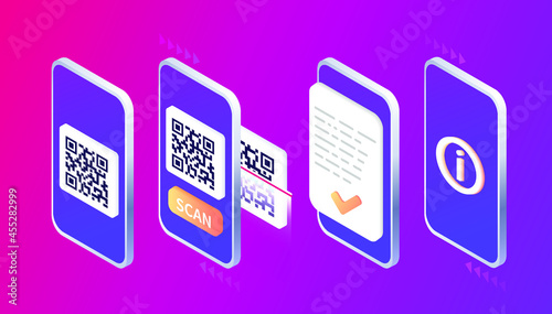 Isometric Smartphone scanning qr code. Download page of the mobile app. Web banner. Concept web design, website page development. Qr code verification landing page. Template. Step by step.