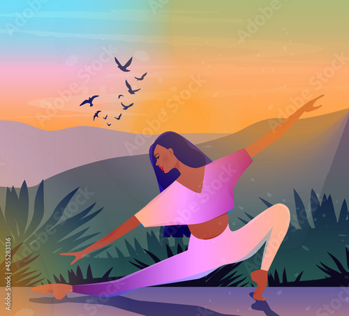 Digital illustration of a girl doing yoga at sunset in bright fairy colorful colors on a background of mountains and birds