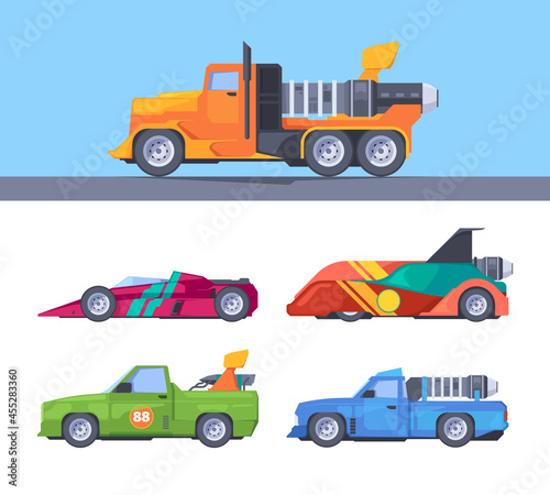 Fast trucks. Fuel moving sport vehicles acceleration nitrous oxide fire flame shapes garish vector fast cars collection in flat style