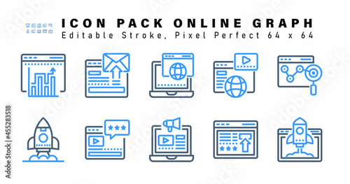 Icon Set of Online Graph Two Color Icons. Contains such Icons as  Bounce Rate, Rocket, Rating, Online Advertising etc. Editable Stroke. 64 x 64 Pixel Perfect