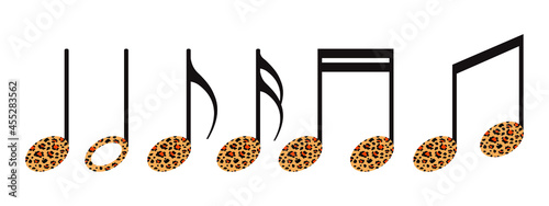 Spotted musical note on a white background. Musical sound designation with trendy leopard print. Vector.