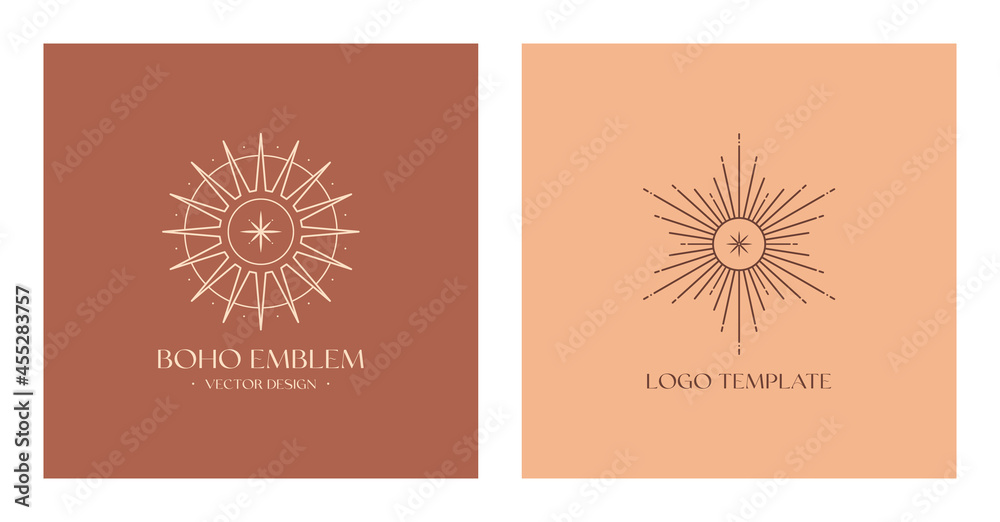 Vector linear boho emblems.Bohemian logos design with star,sun and sunburst.Modern celestial icons or symbols in trendy minimalist style.Branding design templates. Vector linear boho emblems.Bohemian logos design with star,sun and sunburst.Modern celestial icons or symbols in trendy minimalist style.Branding design templates.