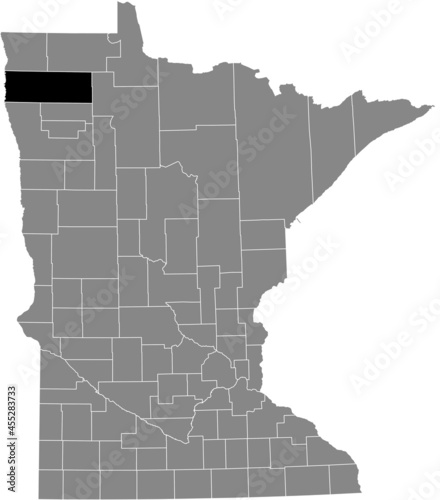 Black highlighted location map of the Marshall County inside gray map of the Federal State of Minnesota, USA
