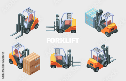 Forklift loader. Transportation service loading trucks manufacturing transporting services garish vector isometric illustrations