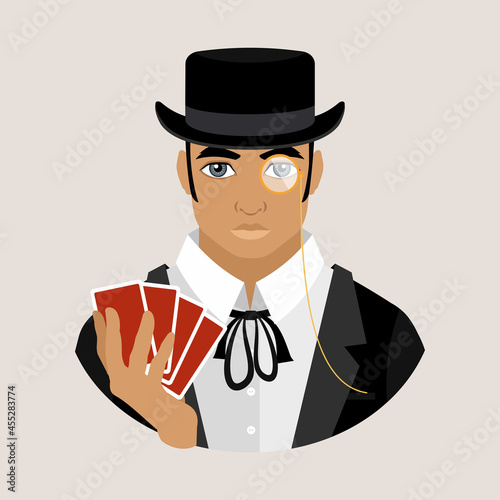 An avatar of a man in a hat, pince-nez and a black jacket holding a deck of cards. Wild West poker player. Flat vector illustration.
