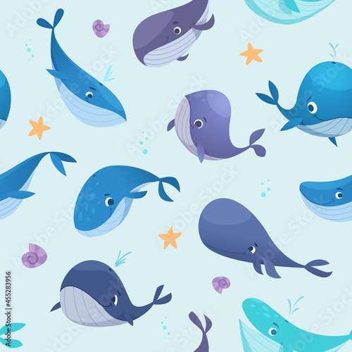 Whales pattern. Textile template pictures with underwater wild animals big blue whales exact vector seamless background in cartoon style
