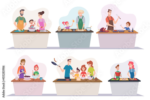 Breakfast family. Happy parents with kids cooking at kitchen dinner vegetables cut fruits boiling food serving table exact vector illustrations