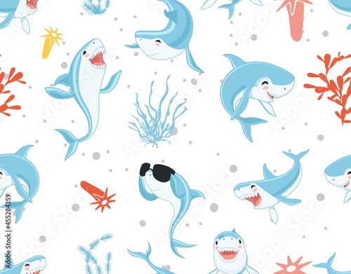 Cute sharks pattern. Funny cartoon shark, seaweed print. Sea wildlife, underwater world vector seamless texture